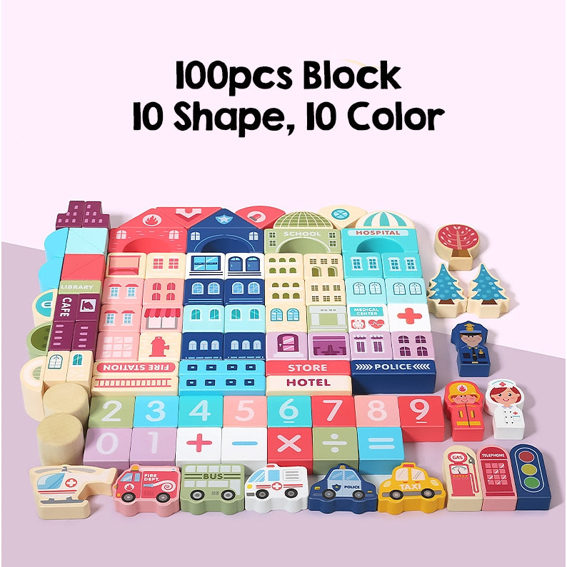 【Online Exclusive Sales】100Pcs Wood Building City Learning Educational Wooden Blocks Kids Toy